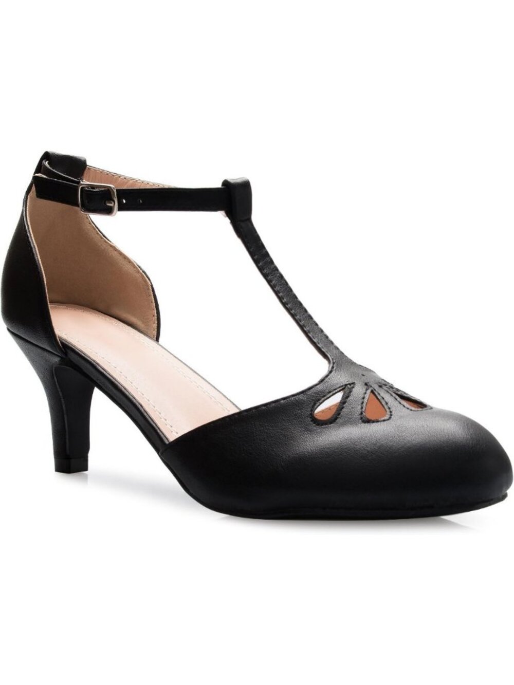 Chic Vintage T-Strap Kitten Low Heels - Unique Cut Out Design Retro Pumps
